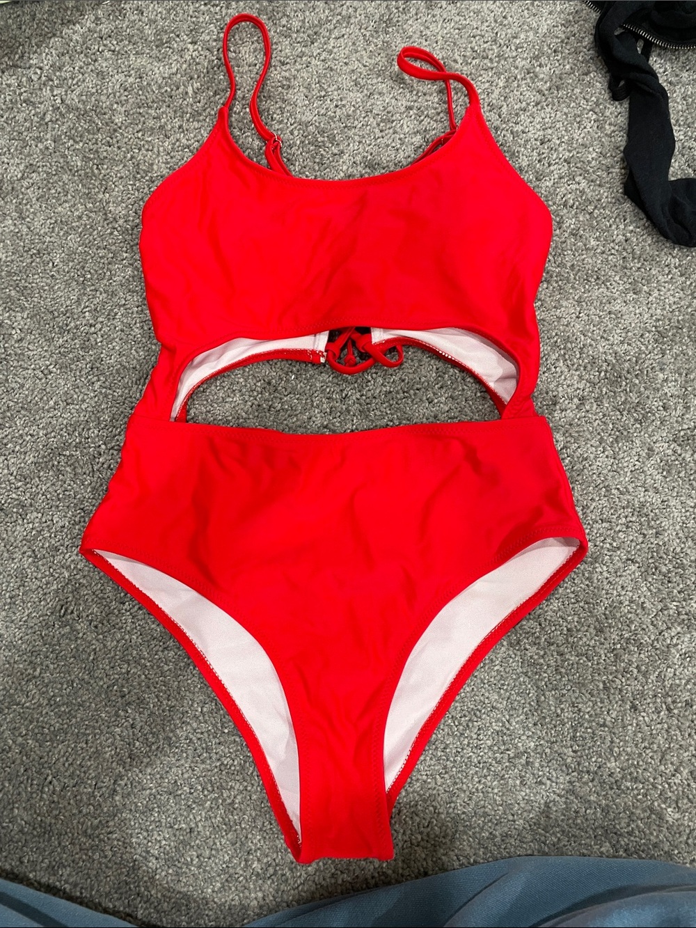 Red Cutout One-Piece Swimsuit with Midriff Tie